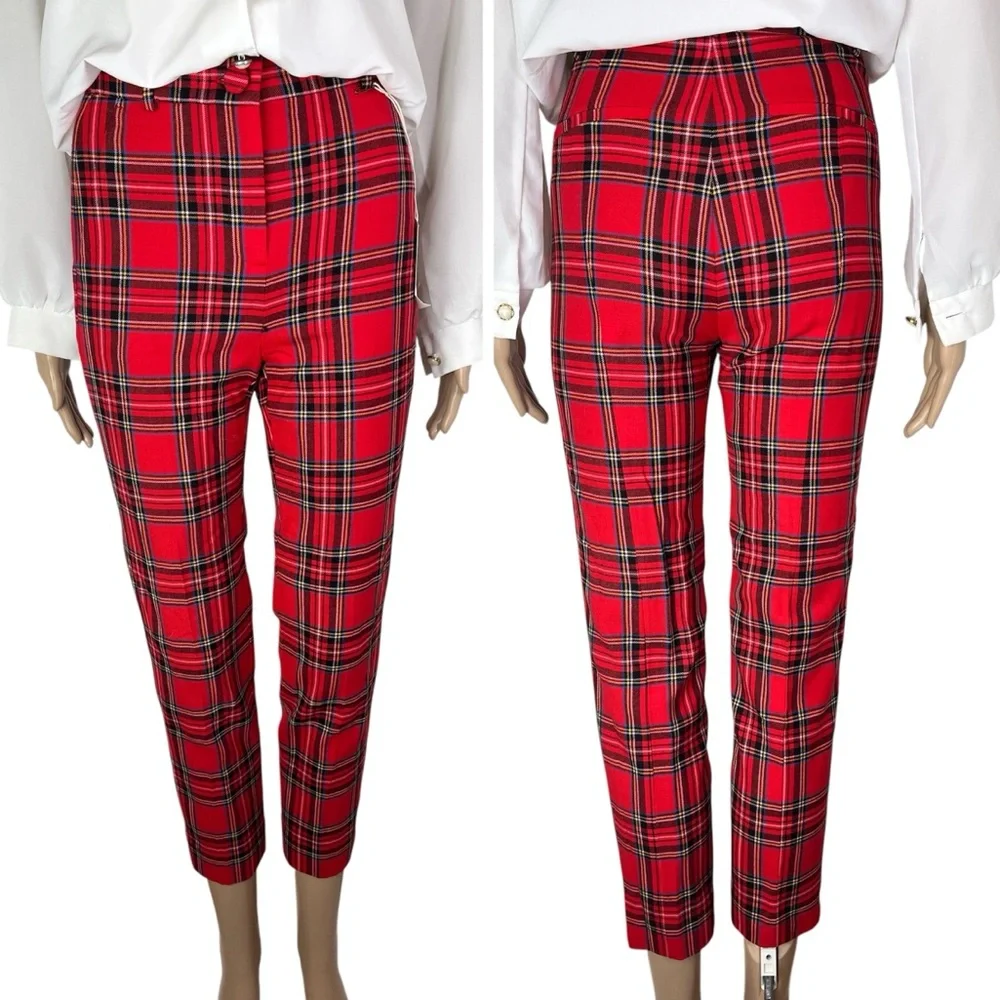 New J. Crew High Rise Cameron Red Plaid Wool Blend Stretch Straight Leg Pants